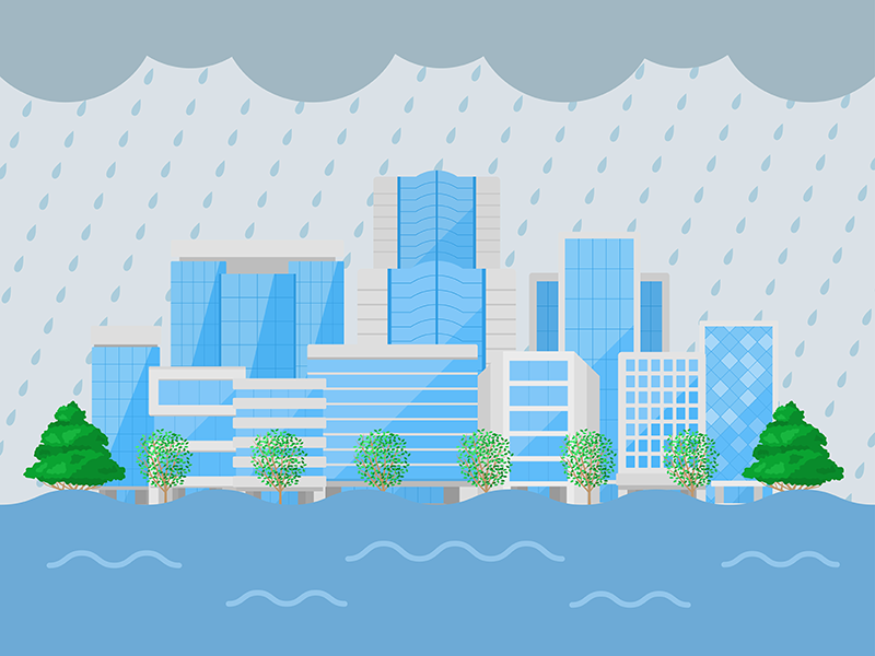 豪雨と洪水災害をうける、オフィスビルの透過イラスト