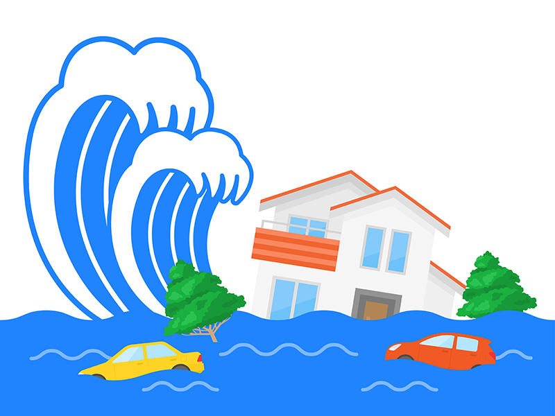 津波被害にあう、住宅の透過PNGイラスト