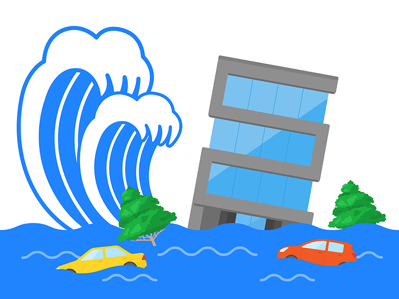 津波被害にあう、オフィスビルの透過PNGイラスト