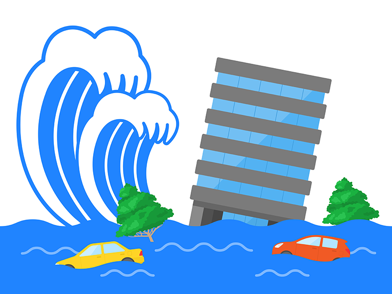 津波被害にあう、オフィスビルの透過PNGイラスト