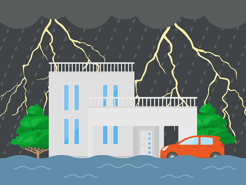 雷雨で洪水被害をうける、住宅の透過PNGイラスト