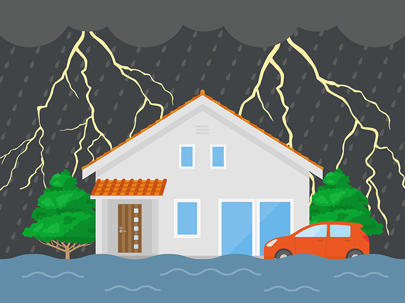 雷雨で洪水被害をうける、住宅の透過PNGイラスト