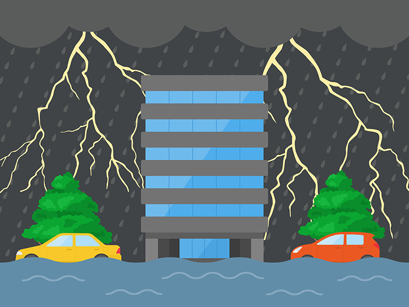 雷雨で洪水被害をうける、オフィスビルの透過PNGイラスト