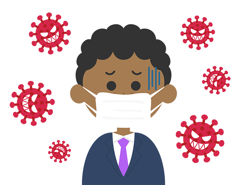 ウイルスに感染して体調の悪い、マスクをした、黒人ビジネスマンの透過PNGイラスト