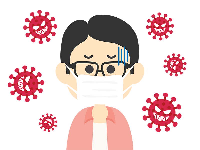 ウイルスに感染して体調の悪い、マスクをした男性の透過PNGイラスト