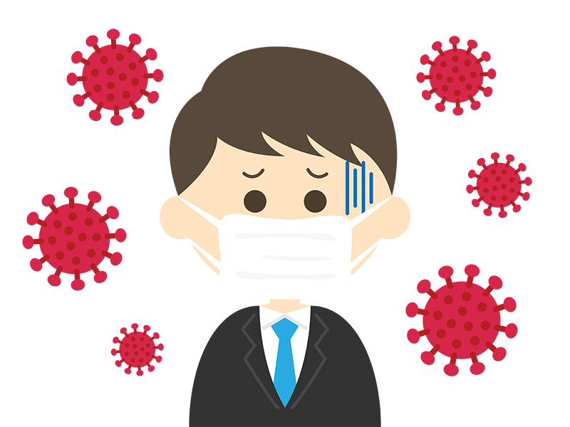 ウイルスに感染して体調の悪い、マスクをしたビジネスマンの透過PNGイラスト