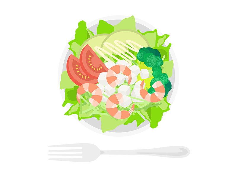 皿に盛られた、海老と野菜のサラダの透過PNGイラスト
