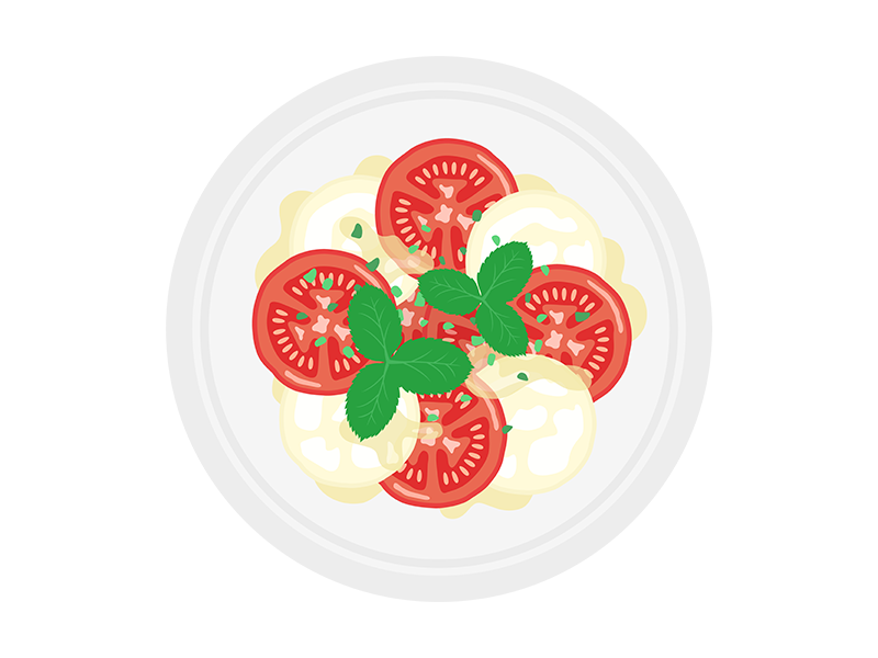 皿に盛られた、トマトのカプレーゼの透過PNGイラスト
