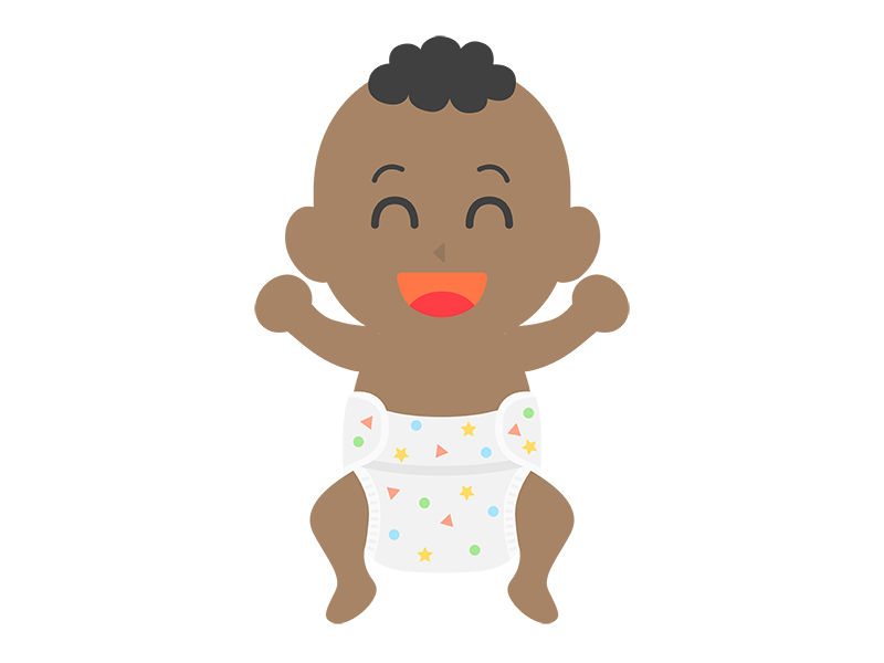 オムツ姿の、笑顔の黒人の赤ちゃんの透過PNGイラスト