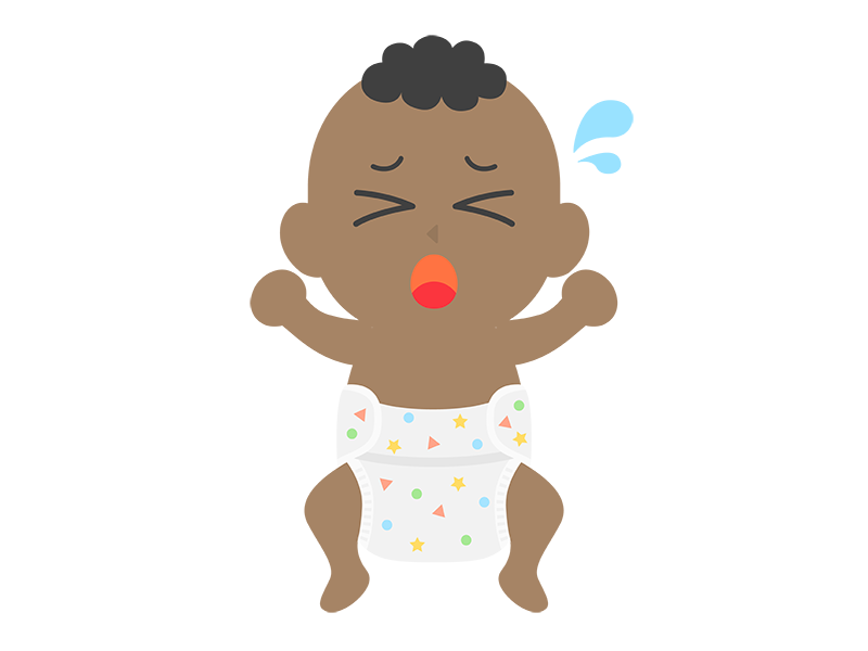 オムツ姿の、泣いている黒人の赤ちゃんの透過PNGイラスト