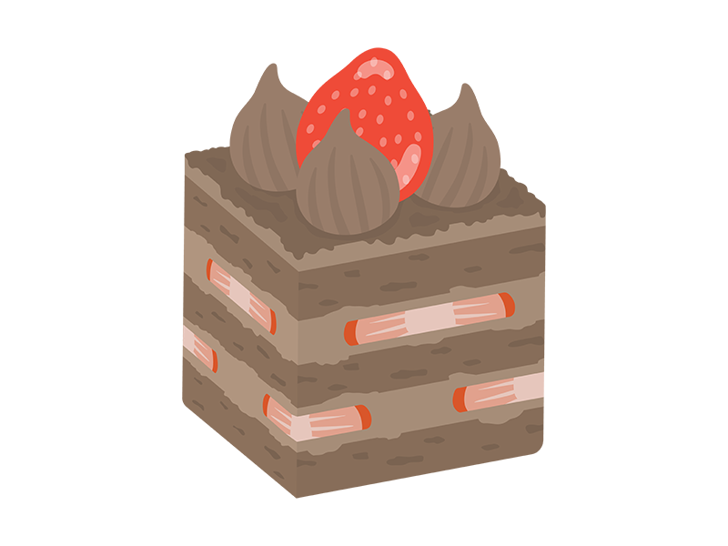 正方形にカットされた、いちごのチョコレートケーキの透過PNGイラスト