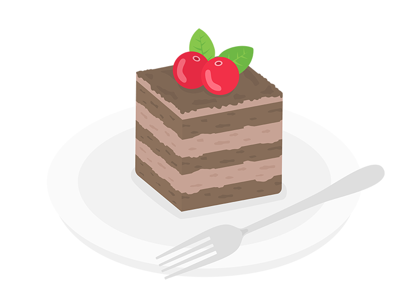 皿に盛られた、正方形にカットされた、ベリーのチョコレートケーキの透過PNGイラスト