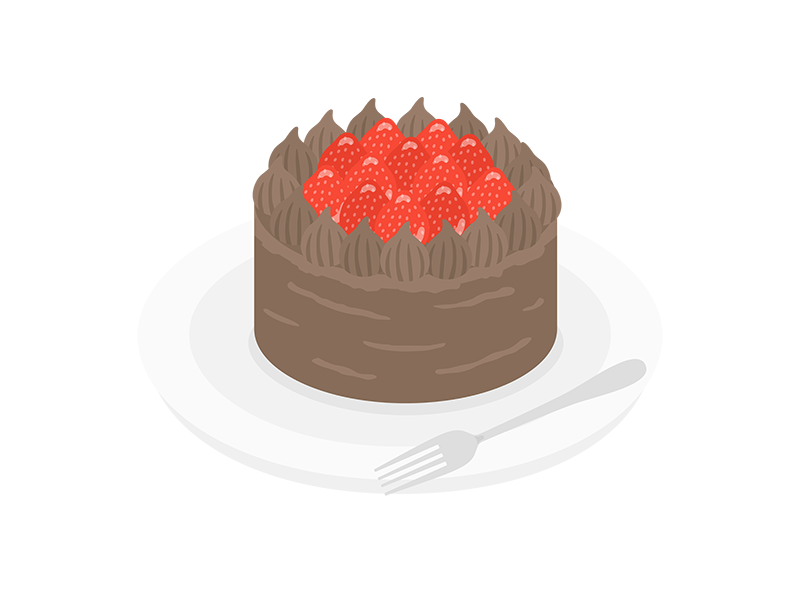 皿に盛られた、苺のチョコレートの、ホールケーキの透過PNGイラスト