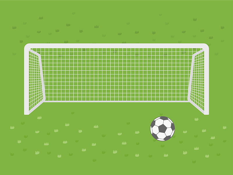 芝生のスタジアムにある、サッカーボールとゴールネットの透過PNGイラスト