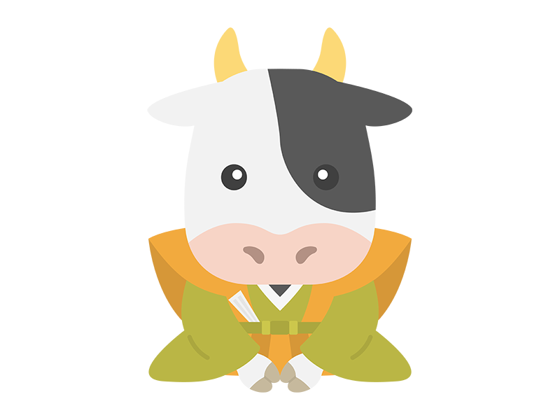着物を着て挨拶する、ホルスタインの、牛のキャラクターの透過PNGイラスト