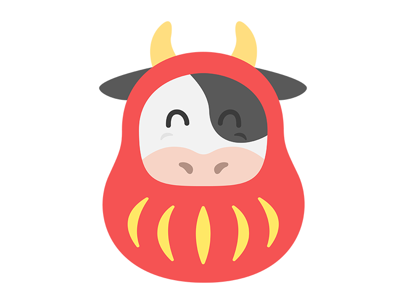 達磨のきぐるみを着た、ホルスタインのの牛のキャラクターの透過PNGイラスト