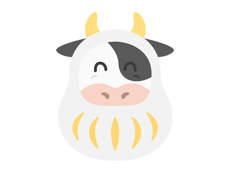 白色の達磨のきぐるみを着た、ホルスタインのの牛のキャラクター