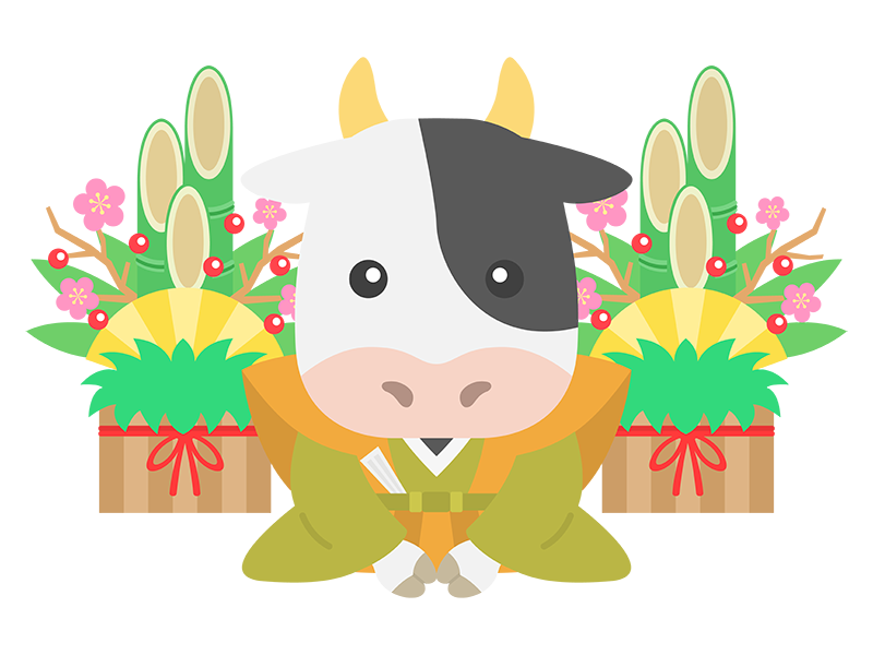 着物を着て新年の挨拶する、ホルスタインの、牛のキャラクターの透過PNGイラスト