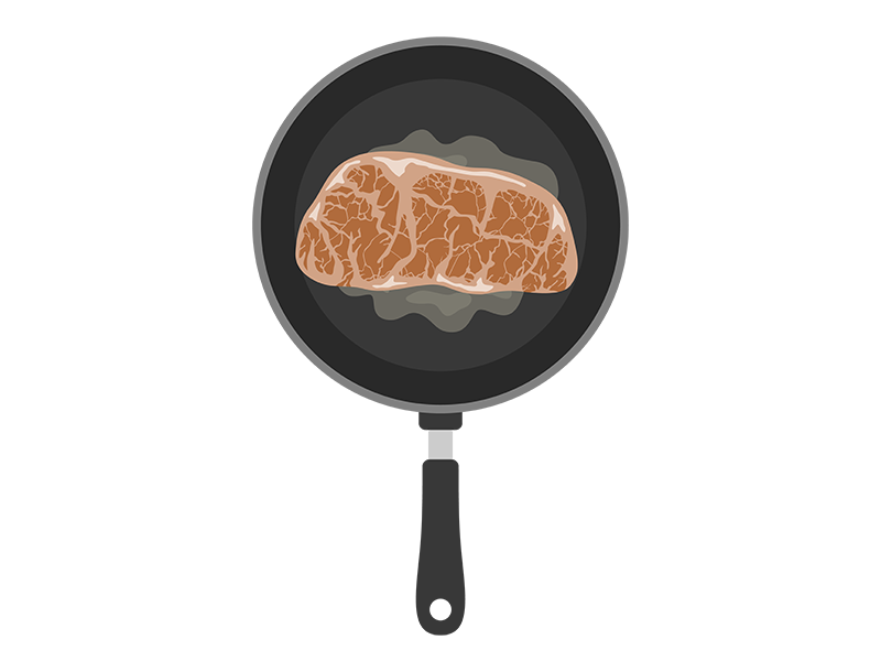フライパンで焼く、霜降りステーキ肉の透過PNGイラスト