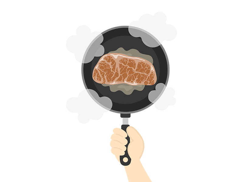 霜降りステーキ肉を、フライパンで焼く人の透過PNGイラスト