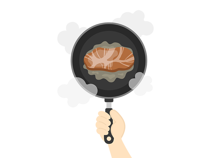フライパンで、ステーキ肉を焼く人の透過PNGイラスト