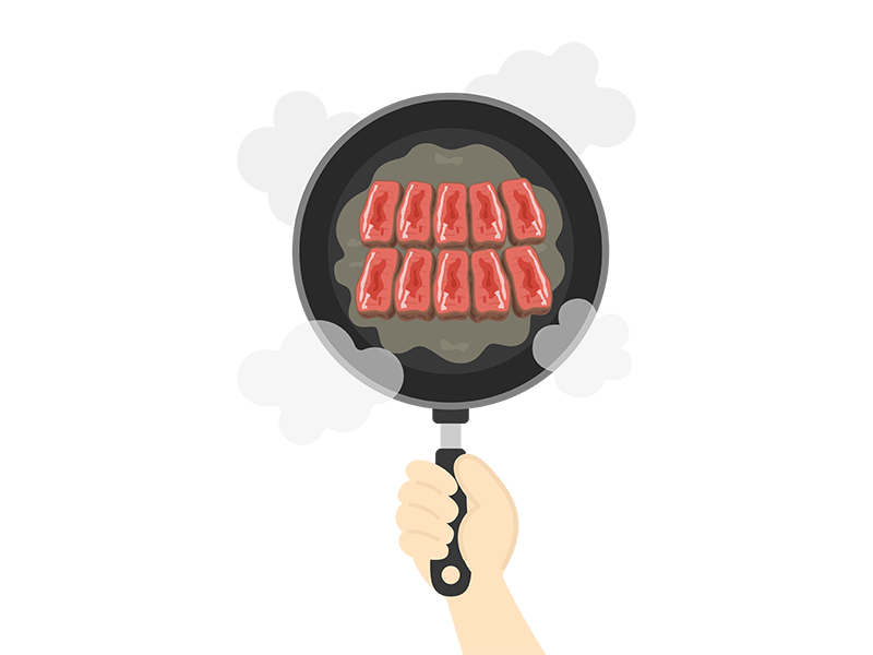フライパンで、カットステーキ肉を焼く人の透過PNGイラスト