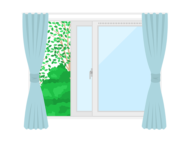 カーテン付きの、外の景色が見えている、開いている窓の透過PNGイラスト