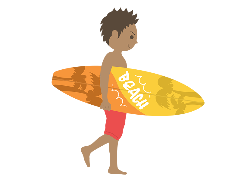 水着を着た、サーフボードを持った、日焼けをした男性（横）の透過PNGイラスト