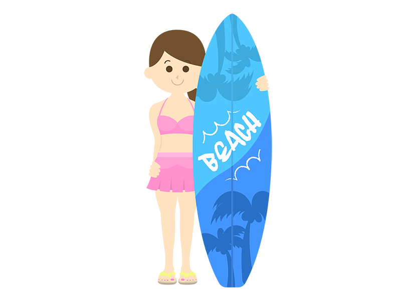 水着を着た、サーフボードを持った女性の透過PNGイラスト