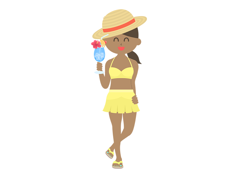麦わら帽子をかぶって、ドリンクを持った、日焼けした水着の女性の透過PNGイラスト