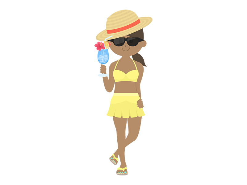 麦わら帽子をかぶって、ドリンクを持つ、日焼けした水着の女性の透過PNGイラスト