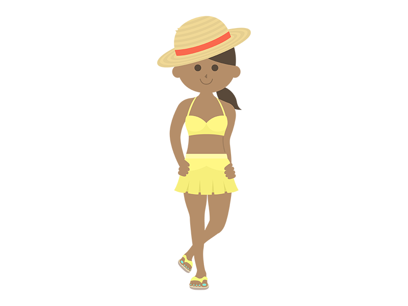 麦わら帽子をかぶった、日焼けした水着の女性の透過PNGイラスト