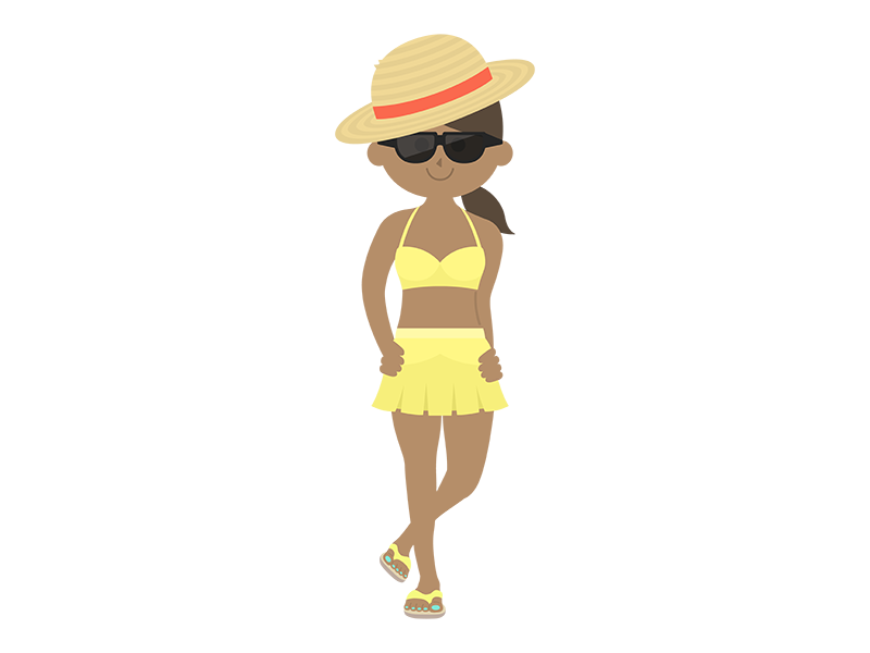 麦わら帽子をかぶって、サングラスをかけた、日焼けした水着の女性の透過PNGイラスト