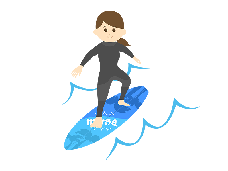 サーフィンをする、ウエットスーツを着た女性の透過PNGイラスト