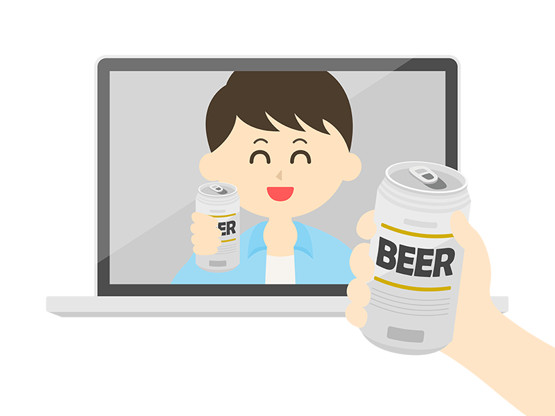 オンライン飲み会で、缶ビールで乾杯する男性の透過PNGイラスト