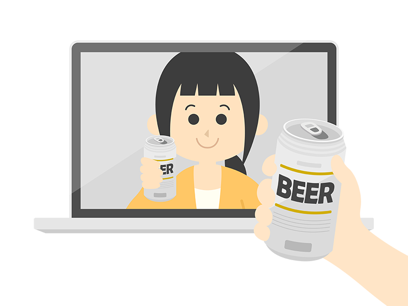 オンライン飲み会で、缶ビールで乾杯する女性の透過PNGイラスト