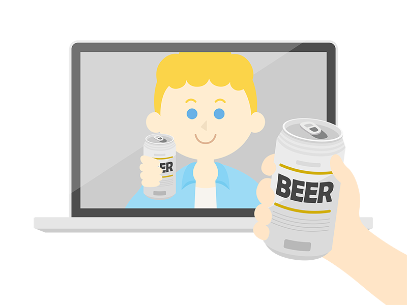オンライン飲み会で、缶ビールで乾杯する、白人男性の透過PNGイラスト