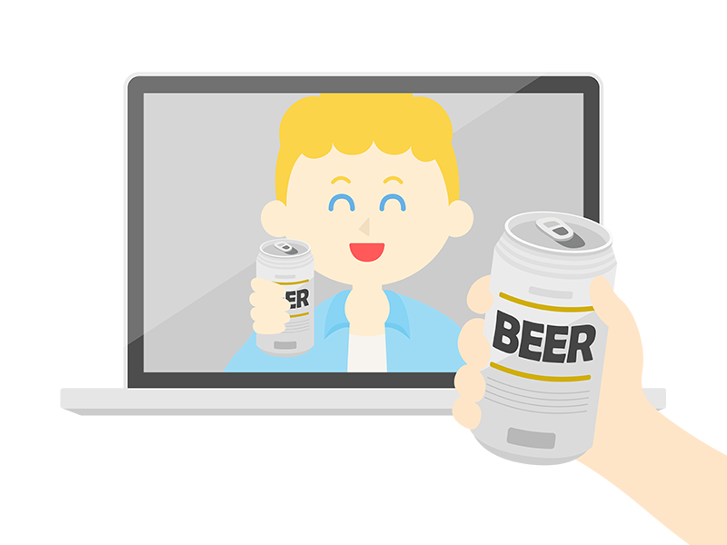 オンライン飲み会で、缶ビールで乾杯する、白人男性の透過PNGイラスト