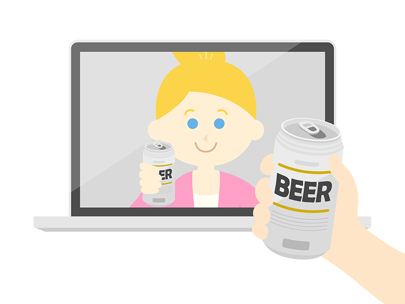 オンライン飲み会で、缶ビールで乾杯する、白人女性の透過PNGイラスト