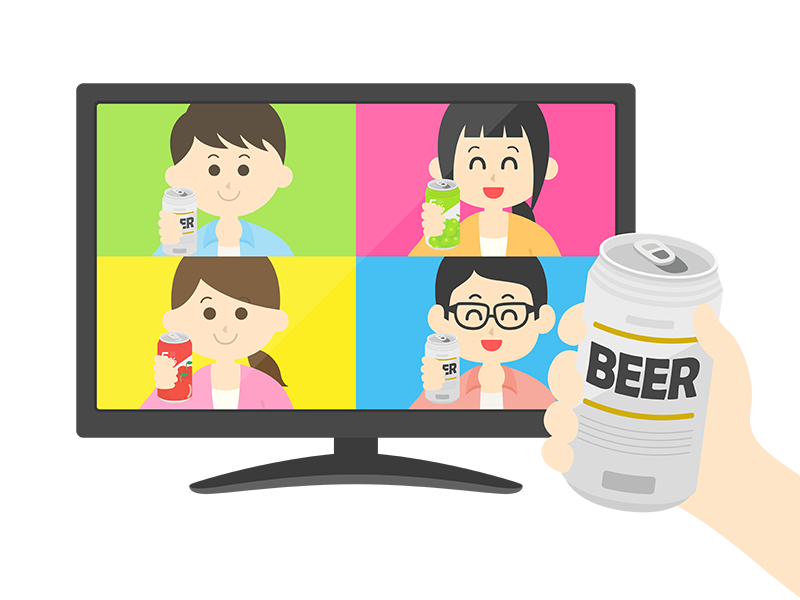 パソコンで、オンライン飲み会をする人達の透過PNGイラスト