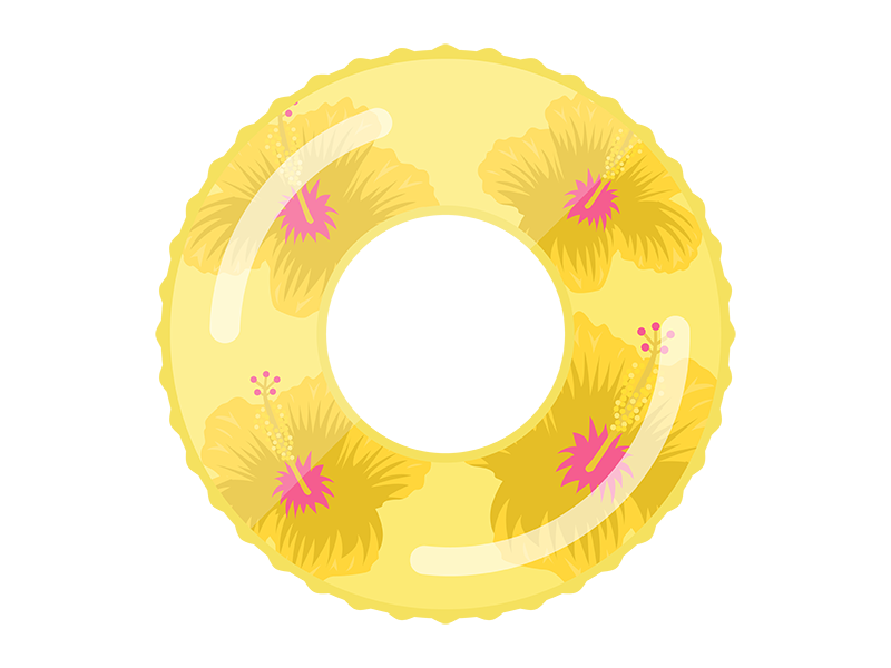 ハイビスカスの花のデザインの、黄色の浮き輪の透過PNGイラスト