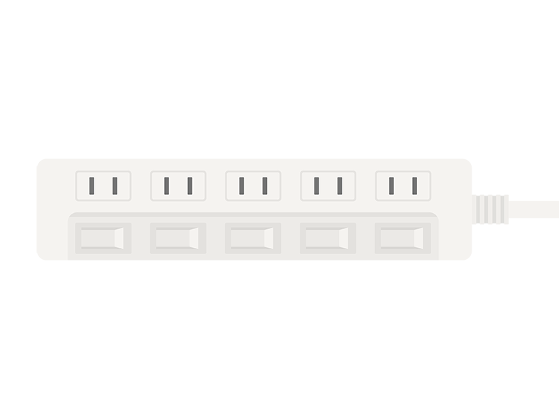 切り替えスイッチ付きの白色の、五個口の電源タップの透過PNGイラスト