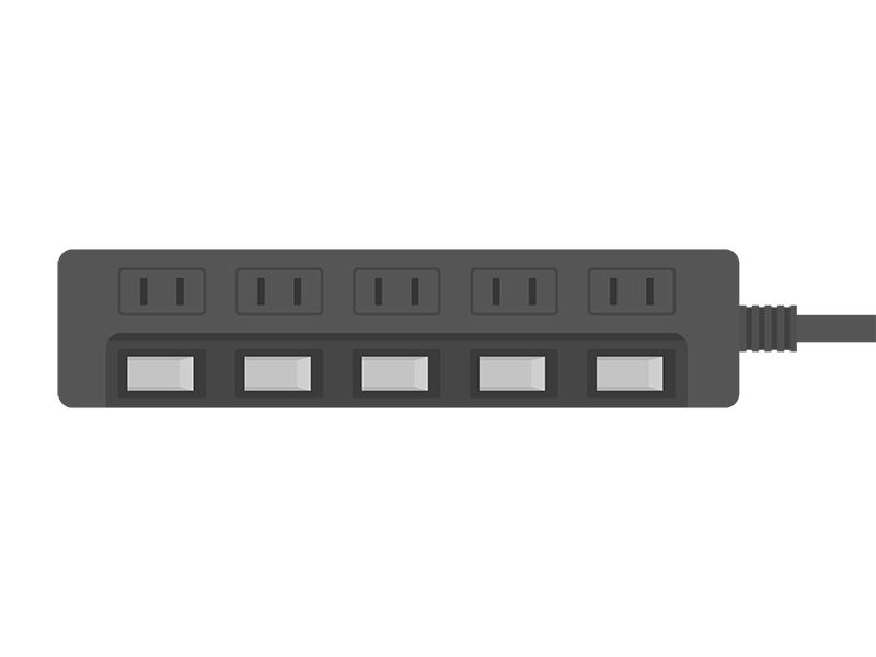 切り替えスイッチ付きの黒色の、五個口の電源タップの透過PNGイラスト