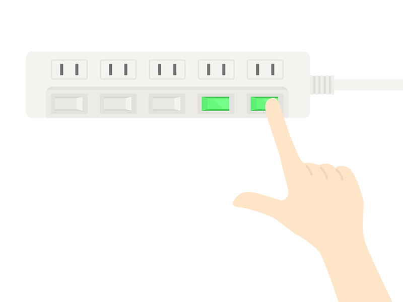 白色電源タップの、スイッチを押す手の透過PNGイラスト