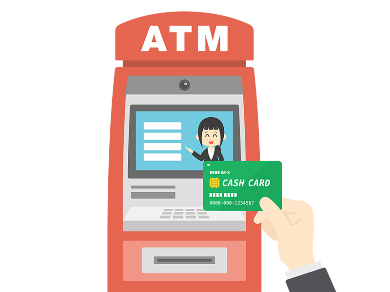 ATMでキャッシュカードを使う人の透過PNGイラスト