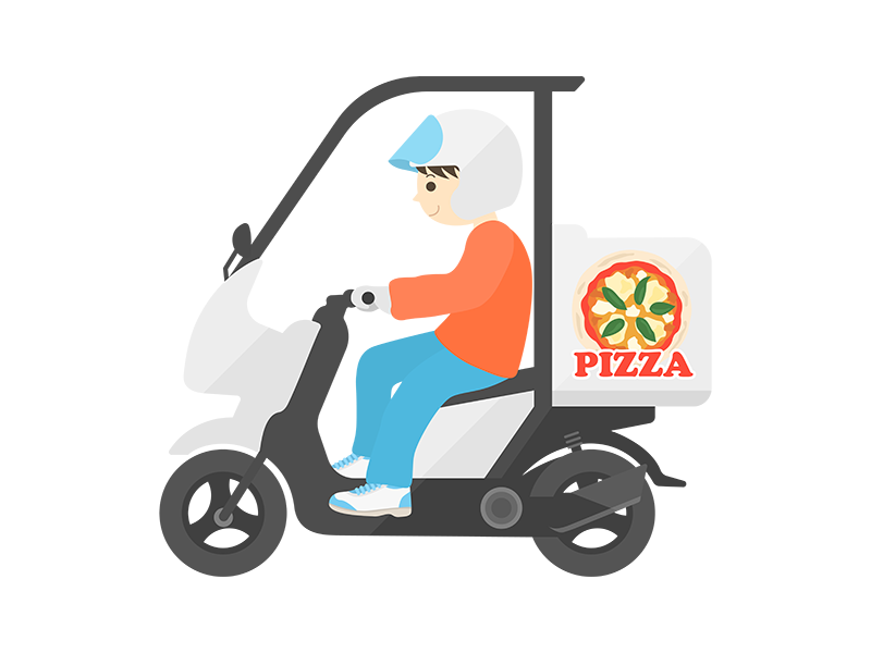 バイクで、デリバリーピザを配達する男性の透過PNGイラスト