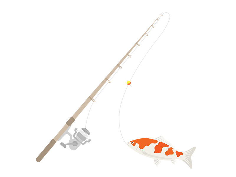 釣り竿で、錦鯉を釣る透過PNGイラスト