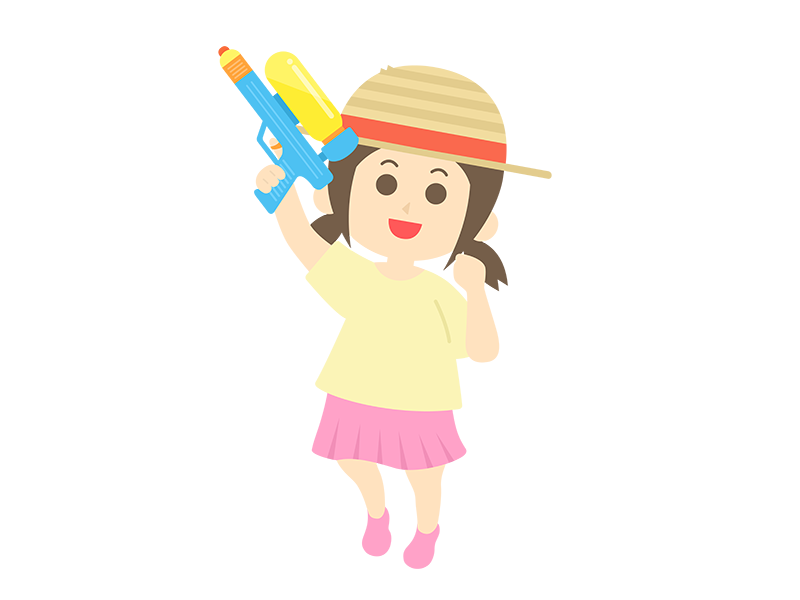 水鉄砲で遊ぶ、麦わら帽子をかぶった、女の子の透過PNGイラスト