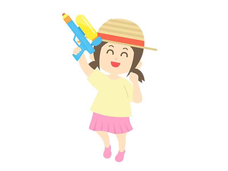 水鉄砲で遊ぶ、麦わら帽子をかぶった、女の子の透過PNGイラスト