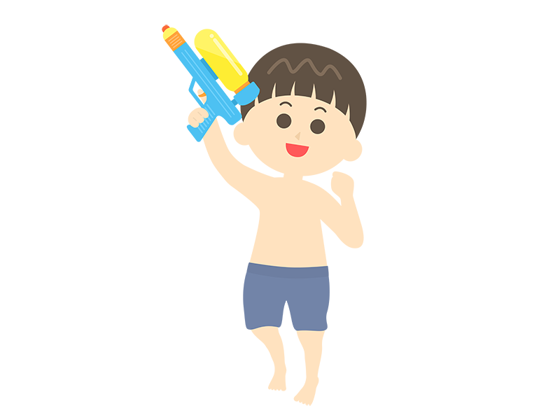 水鉄砲で遊ぶ、水着姿の男の子の透過PNGイラスト